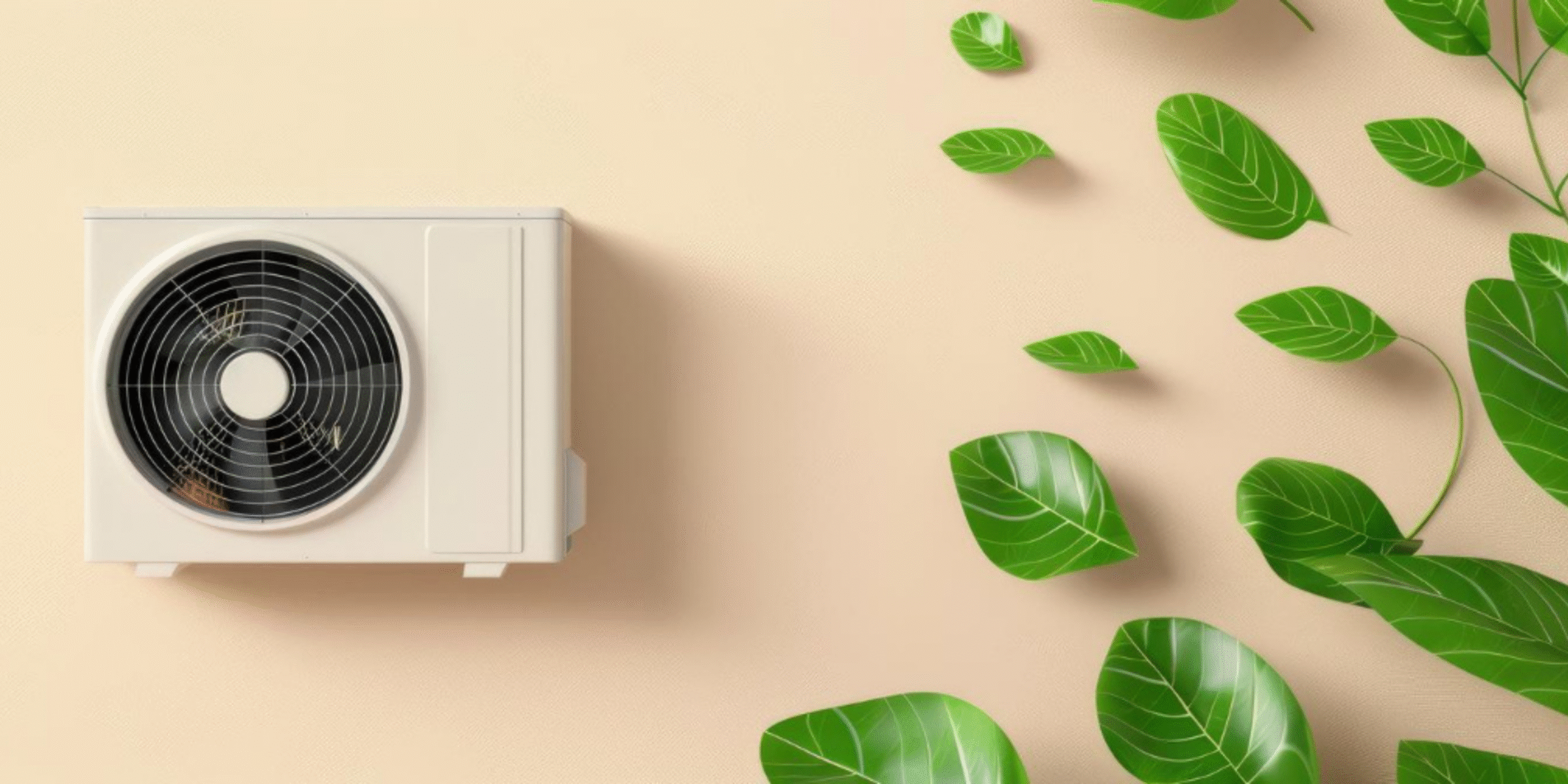 White outdoor air conditioner condenser on a beige surface with trailing green leaves and vines nearby.