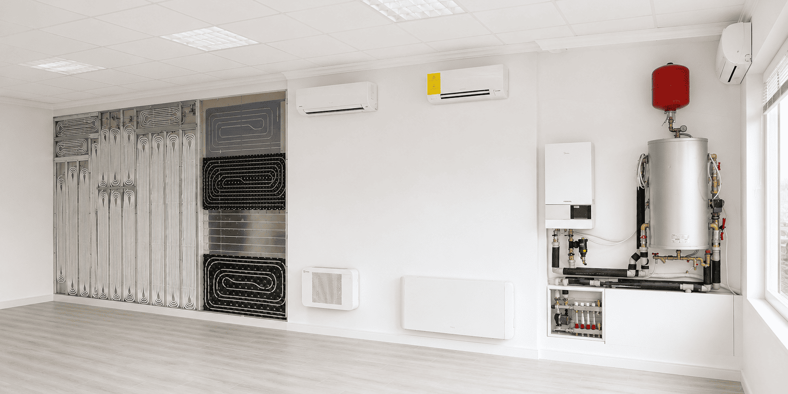 Room showing HVAC equipment: left wall has stacked metal heating coils, right side features a boiler with a red expansion tank, white walls and light flooring.