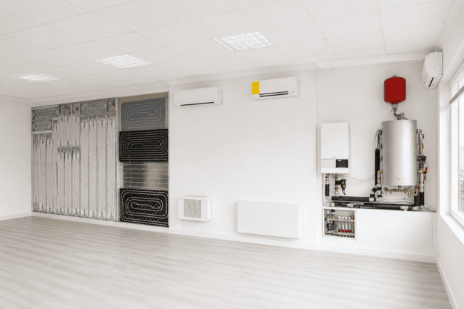 Room showing HVAC equipment: left wall has stacked metal heating coils, right side features a boiler with a red expansion tank, white walls and light flooring.